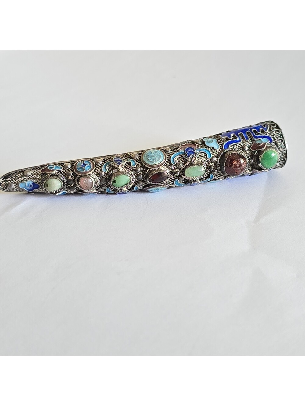 Antique Chinese Sterling Silver Brooch Enamel, Filigree gemstones Finger Guard